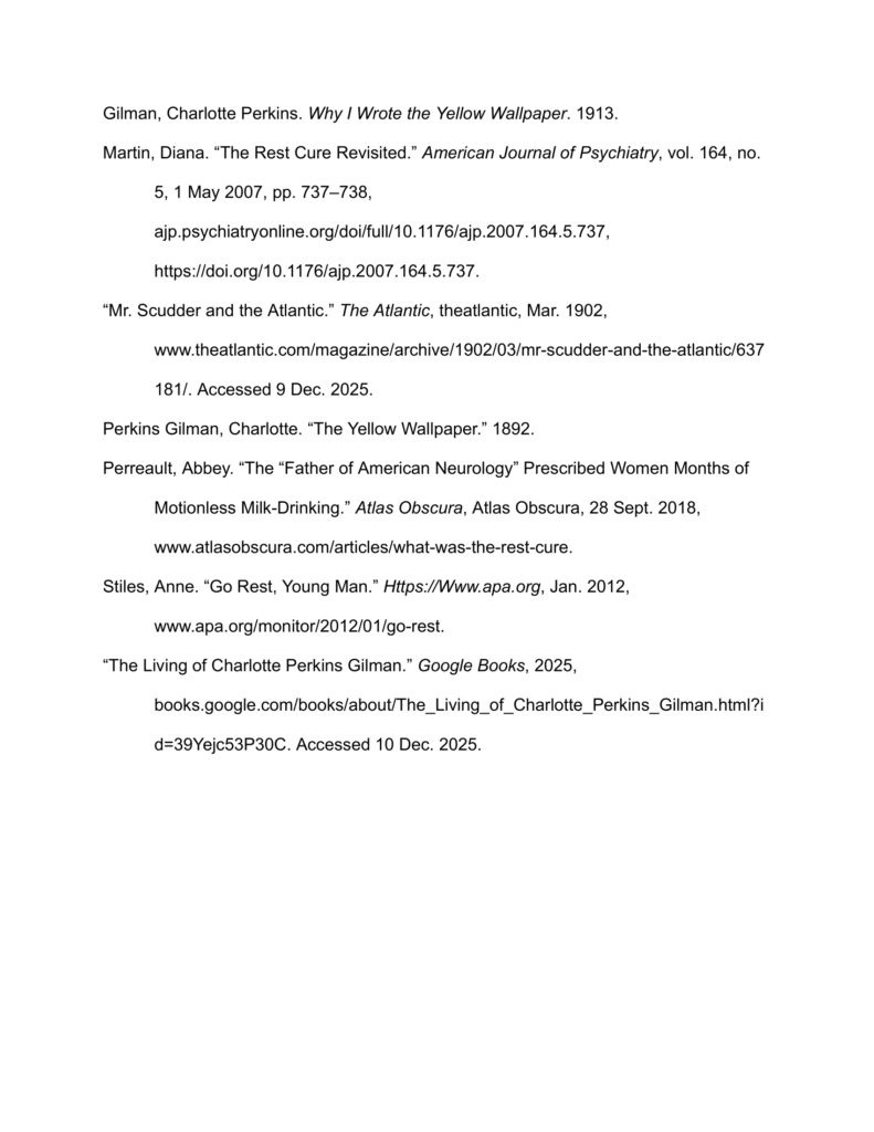 Screenshot of a “Works Cited” page listing references about Charlotte Perkins Gilman, “The Yellow Wallpaper,” the rest cure, and related articles and books, formatted as a centered academic bibliography.