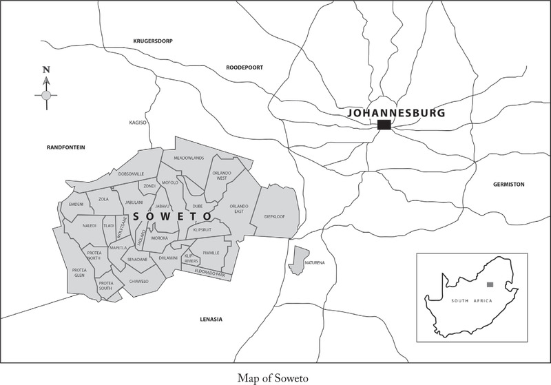 Geographic map of Soweto, South Africa in reference to Johannesburg, South Africa.